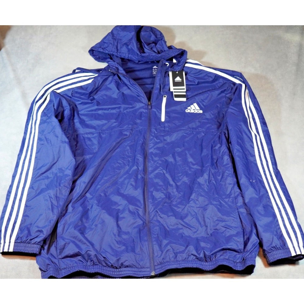 NEW Adidas Jacket Mens 3XL Blue Hooded Full Zip Mesh Lined Windbreaker 3 Stripe